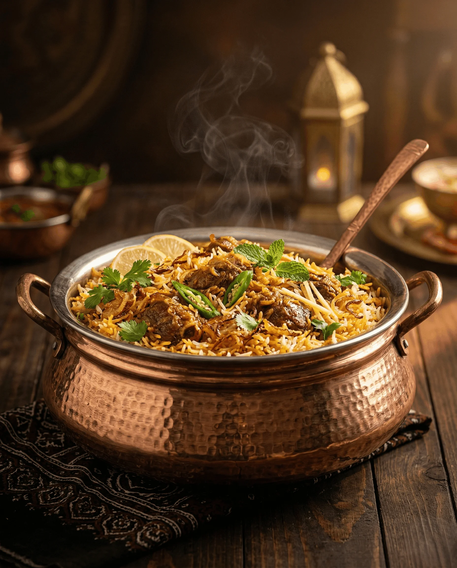 Steaming traditional Pakistani Chicken Biryani in a copper pot with saffron rice and fresh garnish